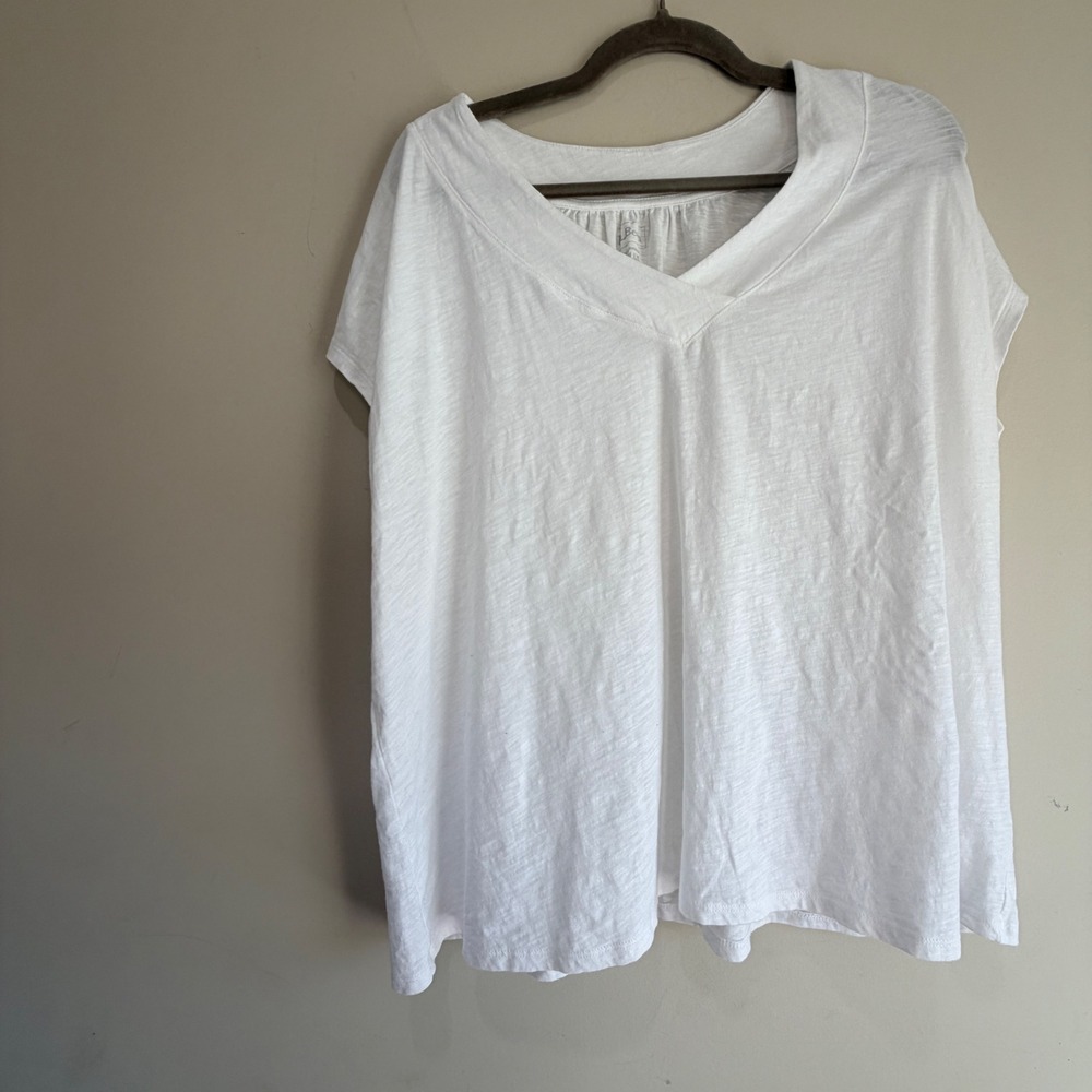 LLBean V Neck Short Sleeve Top Women 2X Plus White Slub Organic Cotton Minimal